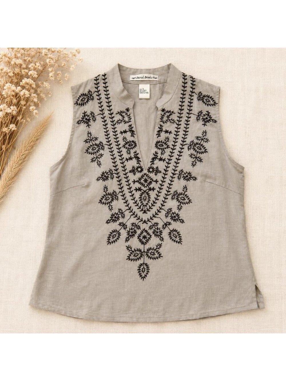 Vintage David Brooks Embroidered Linen Blend Tank Top | Neutral Taupe Boho Sleev